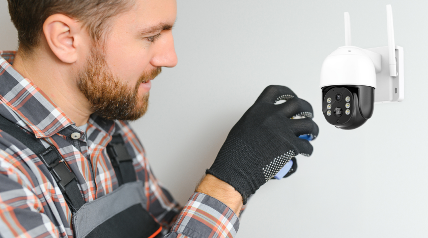 Man installing camera